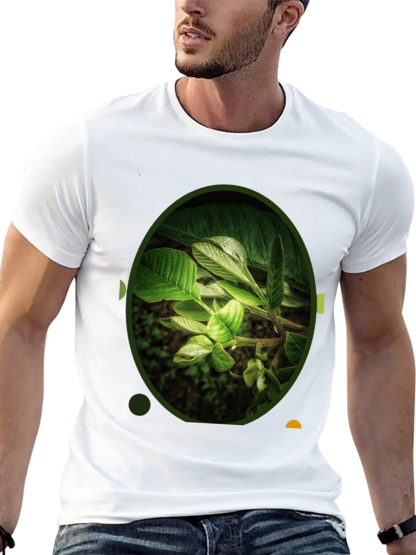 Nature Leaf Print Black Crew Neck T-Shirt