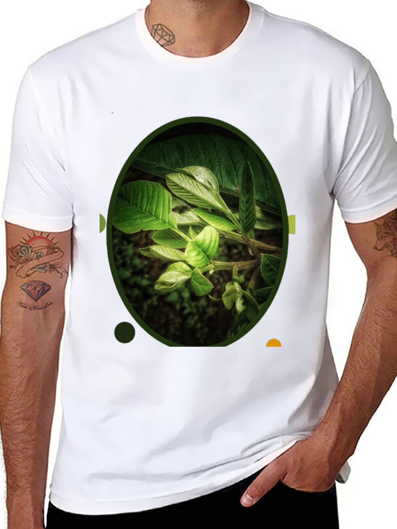 Nature Leaf Print Black Crew Neck T-Shirt
