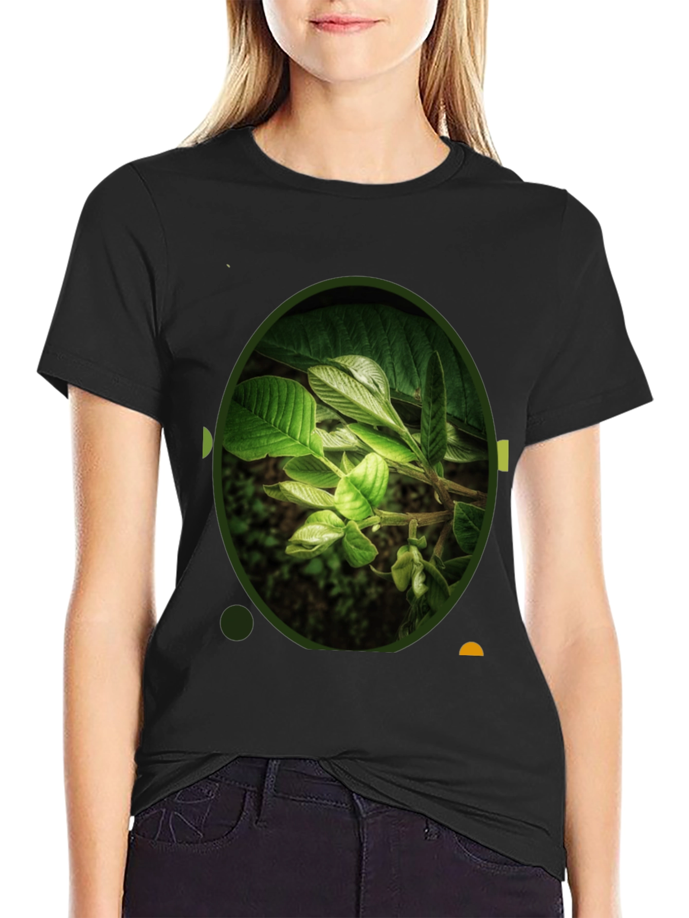 Nature Leaf Print Black Crew Neck T-Shirt