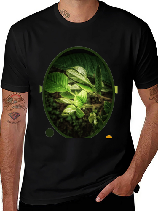 Nature Leaf Print Black Crew Neck T-Shirt