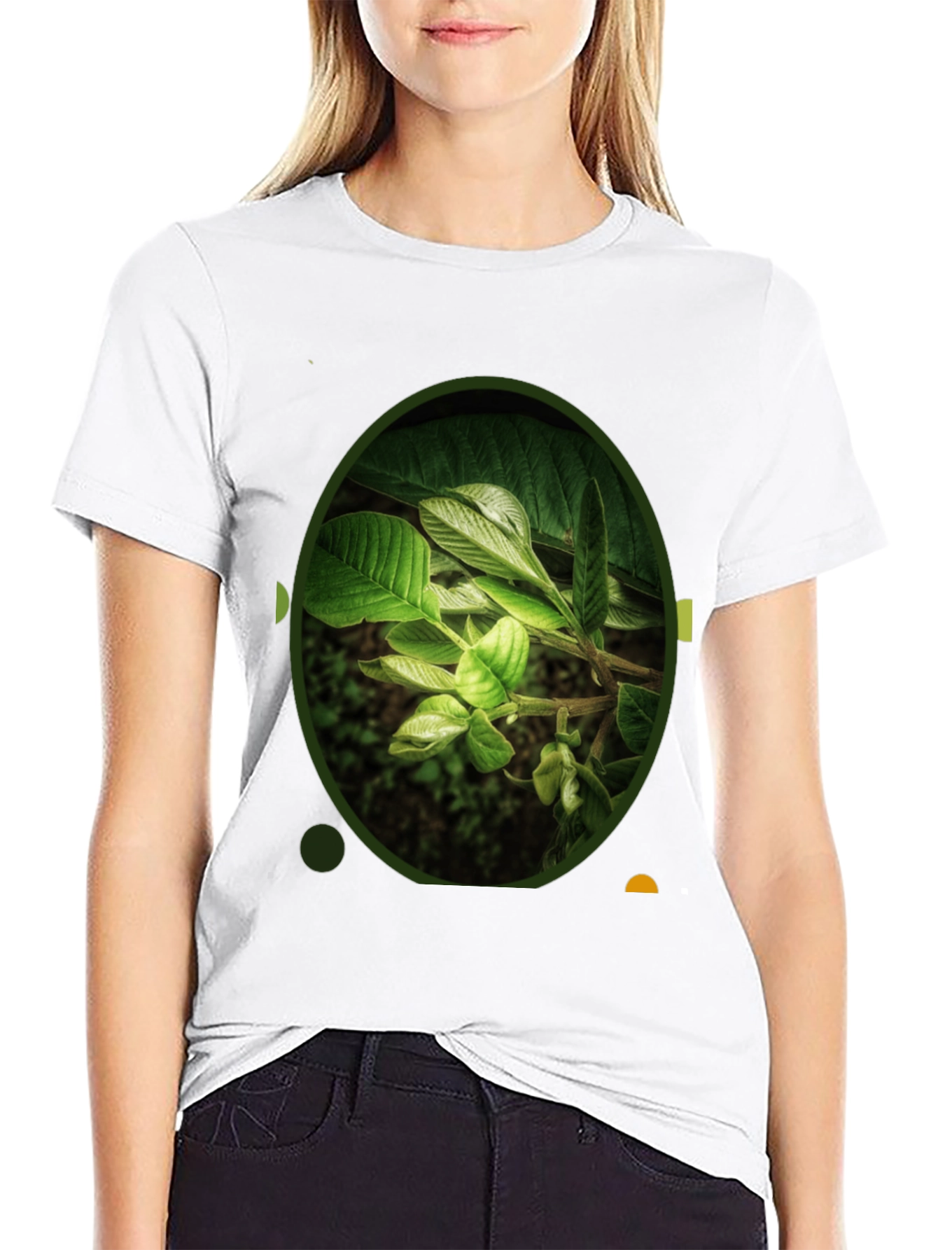 Nature Leaf Print Black Crew Neck T-Shirt