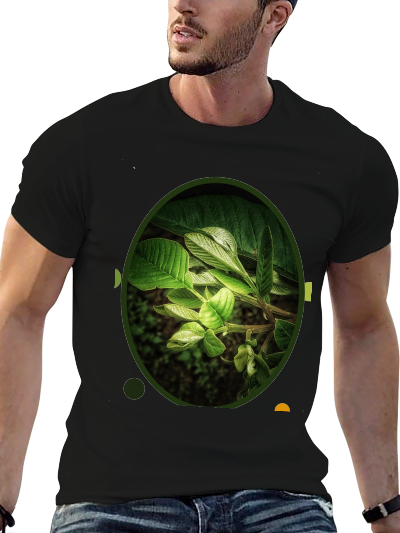 Nature Leaf Print Black Crew Neck T-Shirt