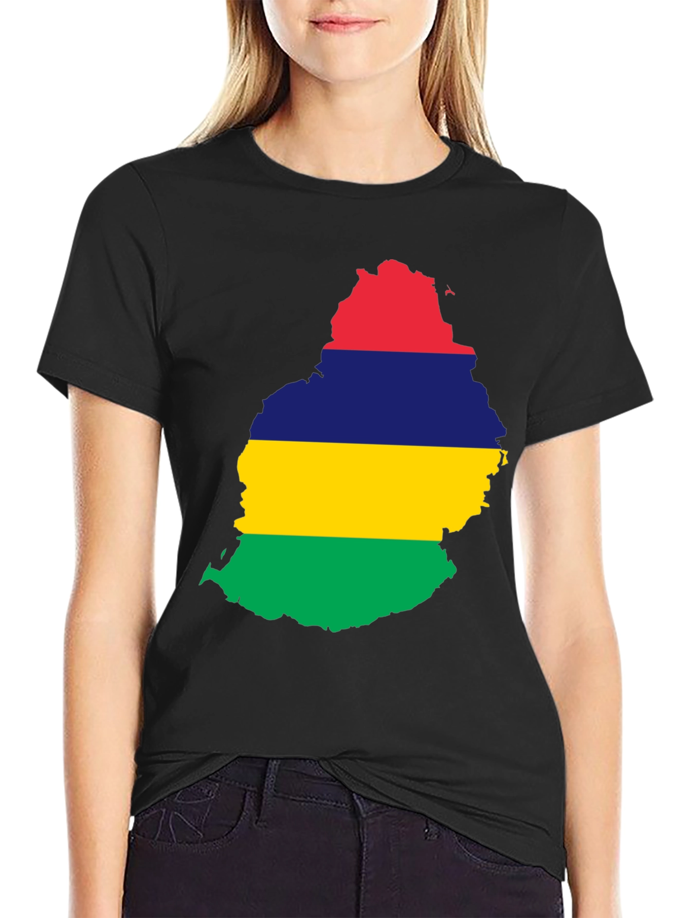 Mauritius Flag Map Black T-Shirt