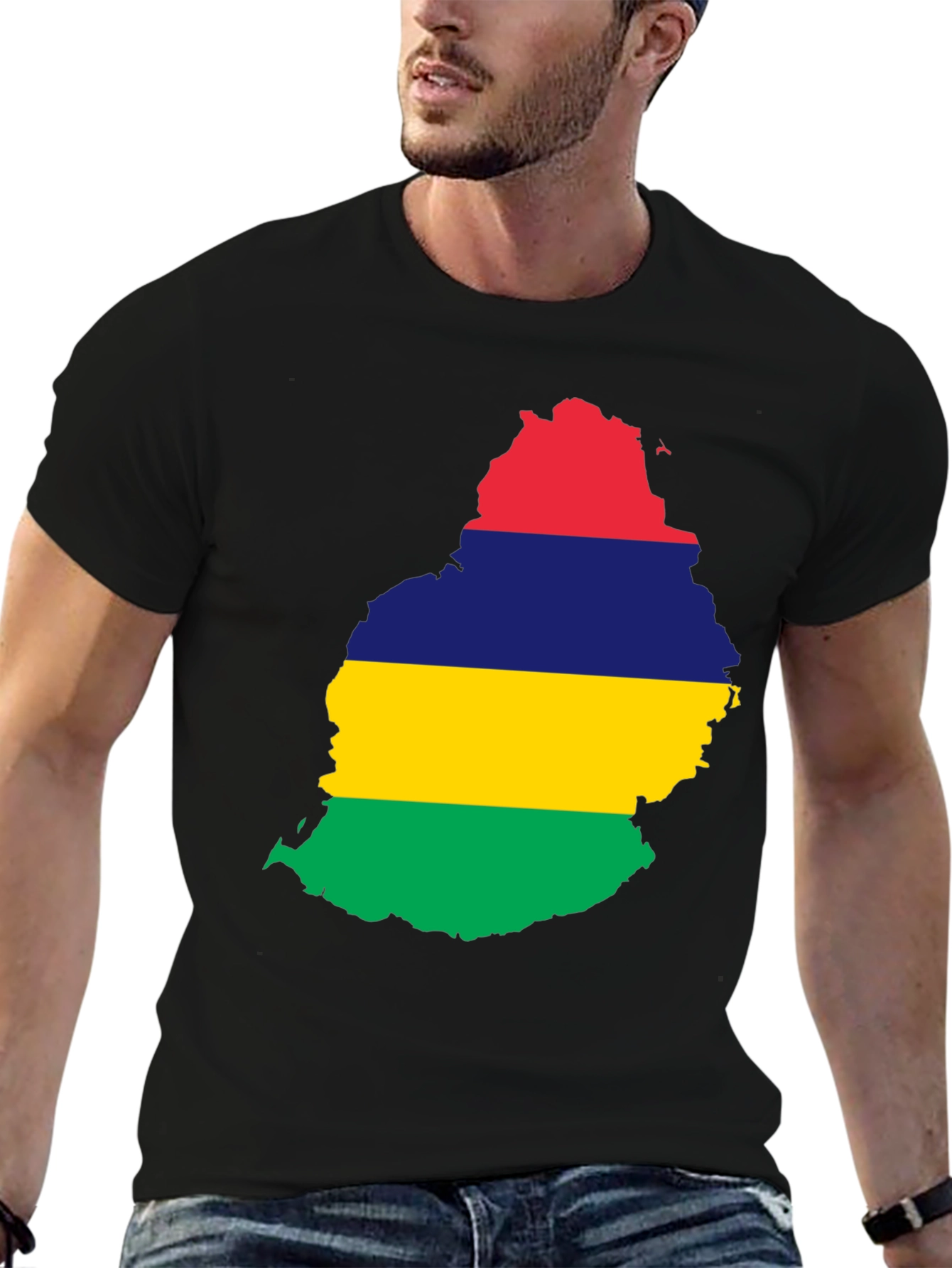 Mauritius Flag Map Black T-Shirt