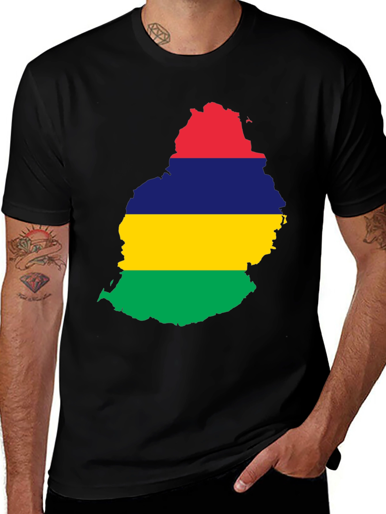 Mauritius Flag Map Black T-Shirt