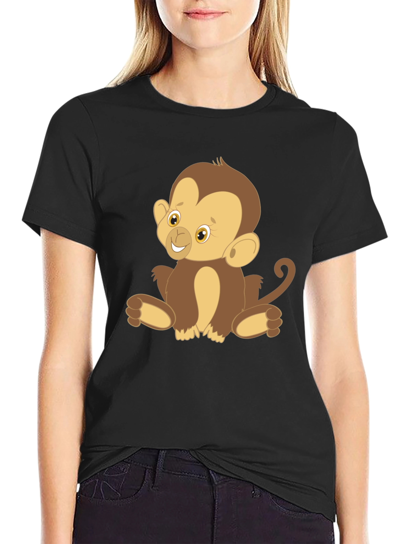 Cute Monkey Graphic Tee - Black Cotton T-Shirt