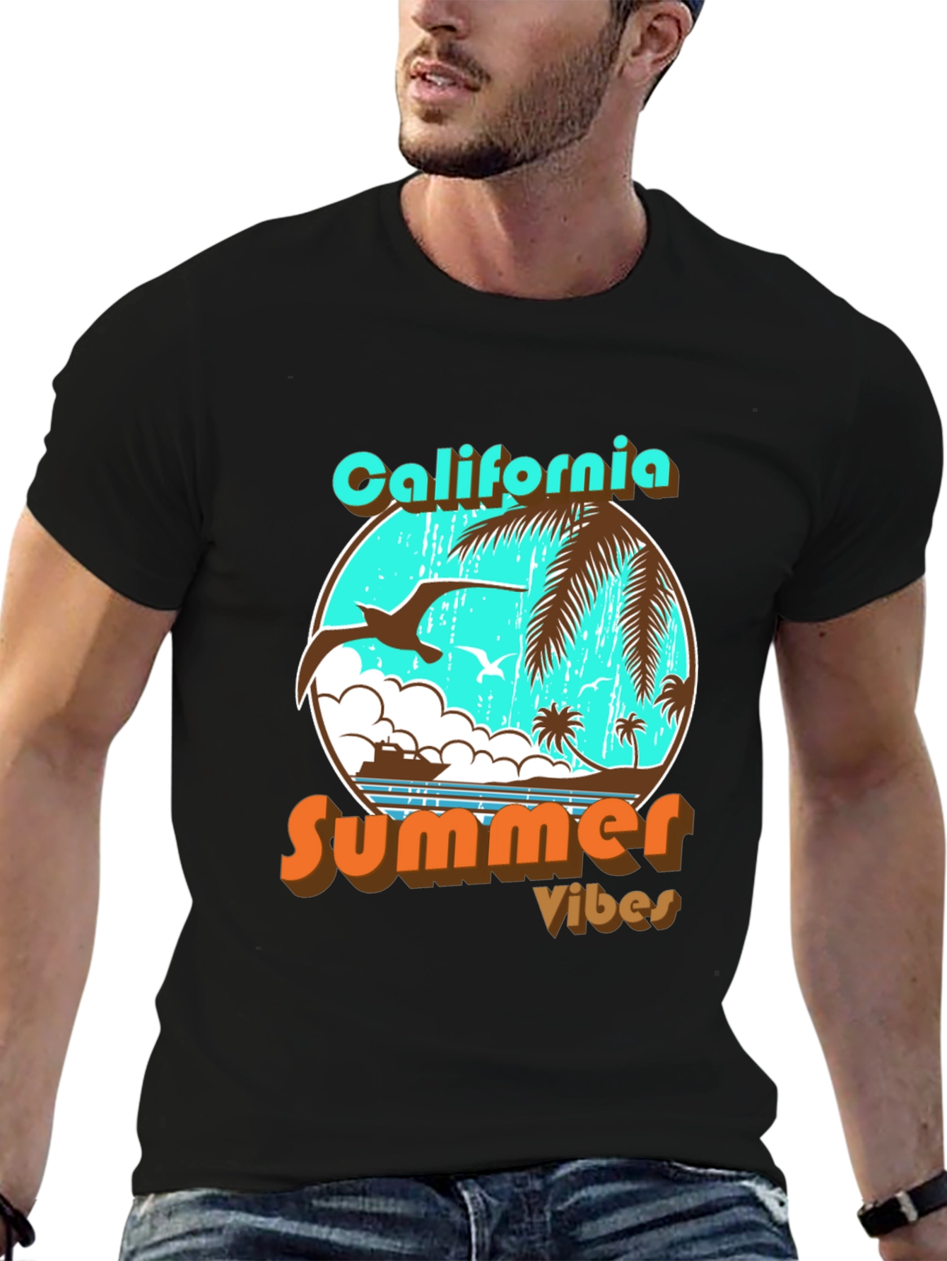 California Summer Vibes Black Graphic T-Shirt