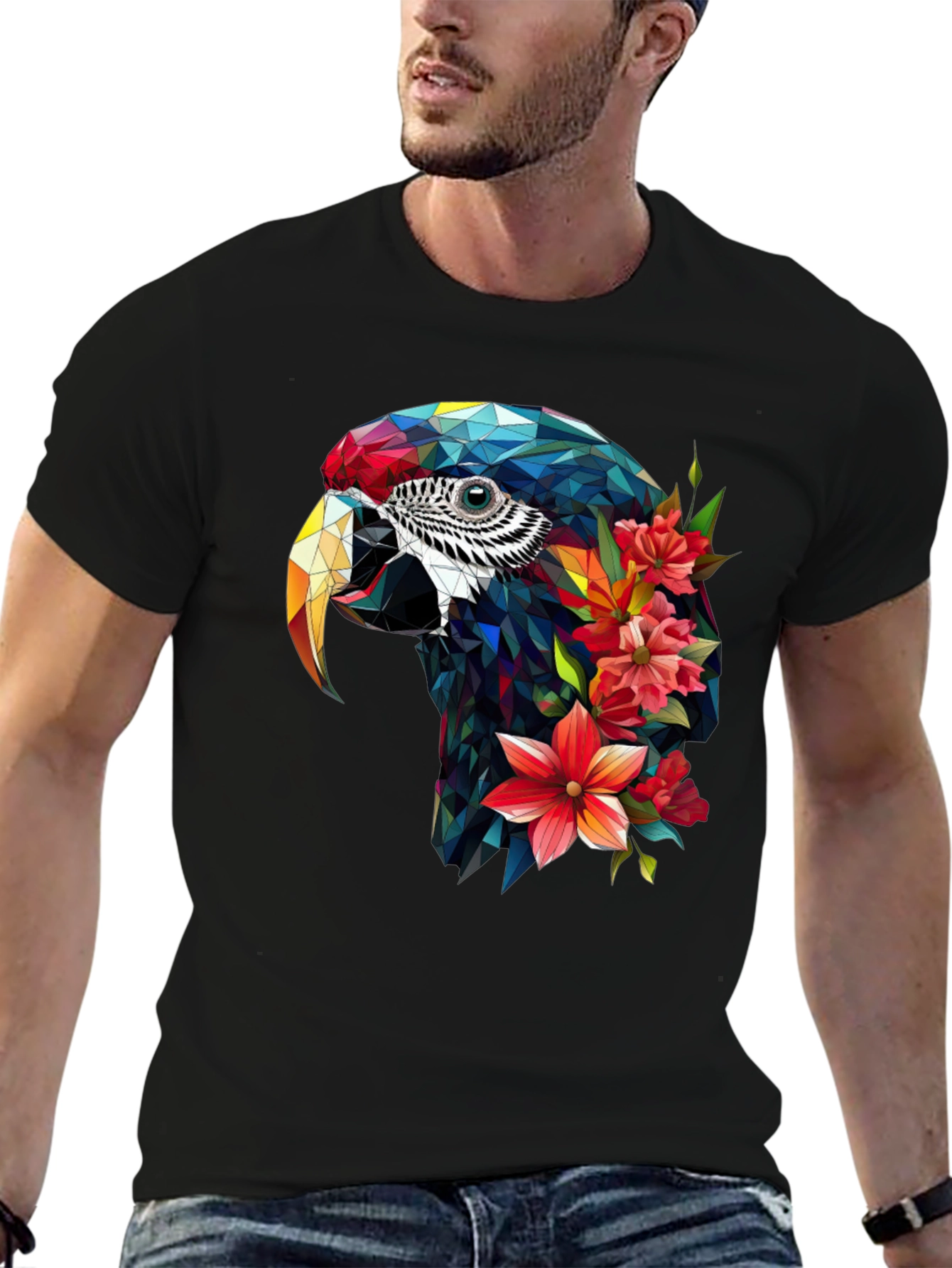 Geometric Parrot Floral T-Shirt - Unique Graphic Tee