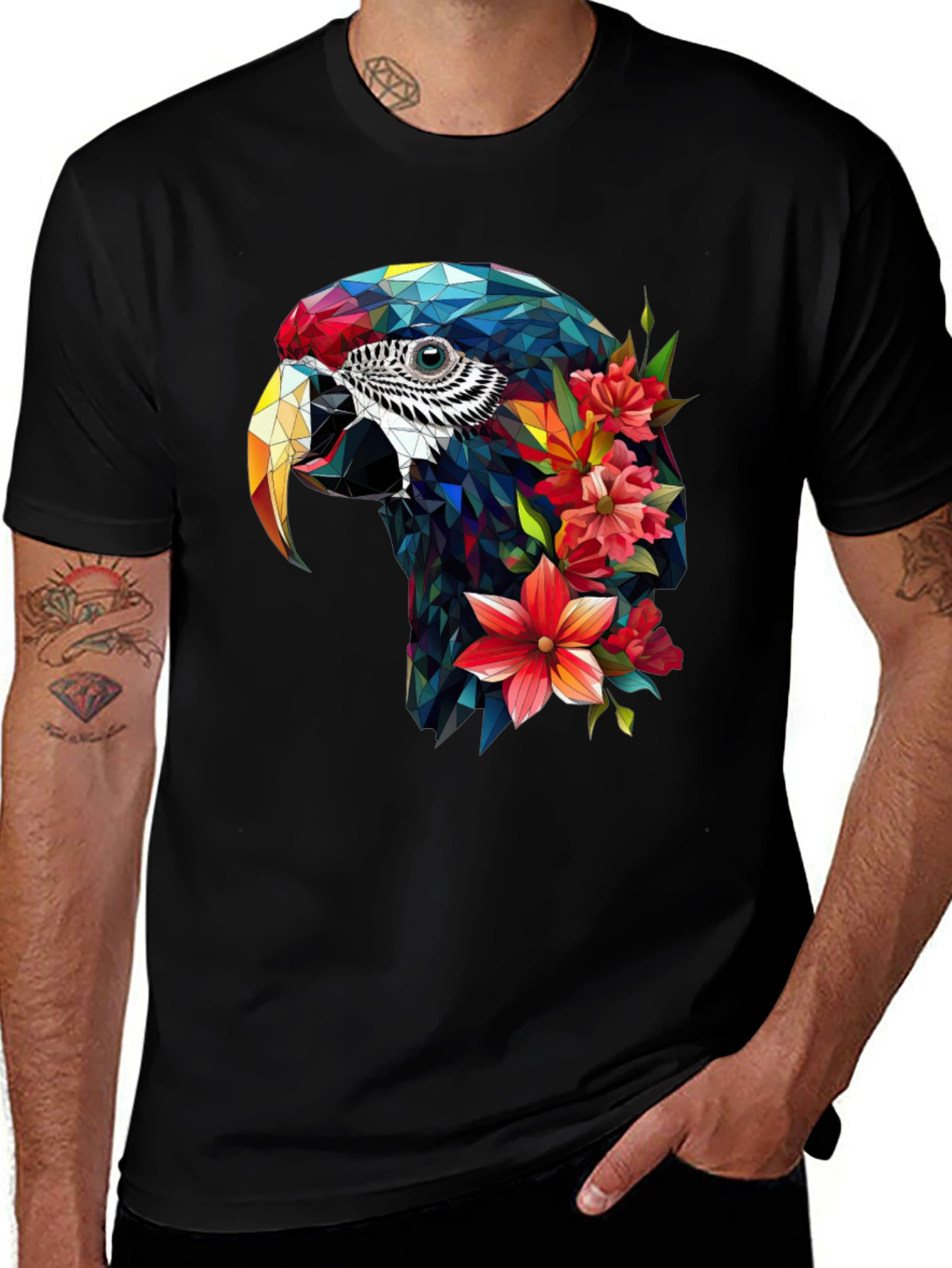 Geometric Parrot Floral T-Shirt - Unique Graphic Tee