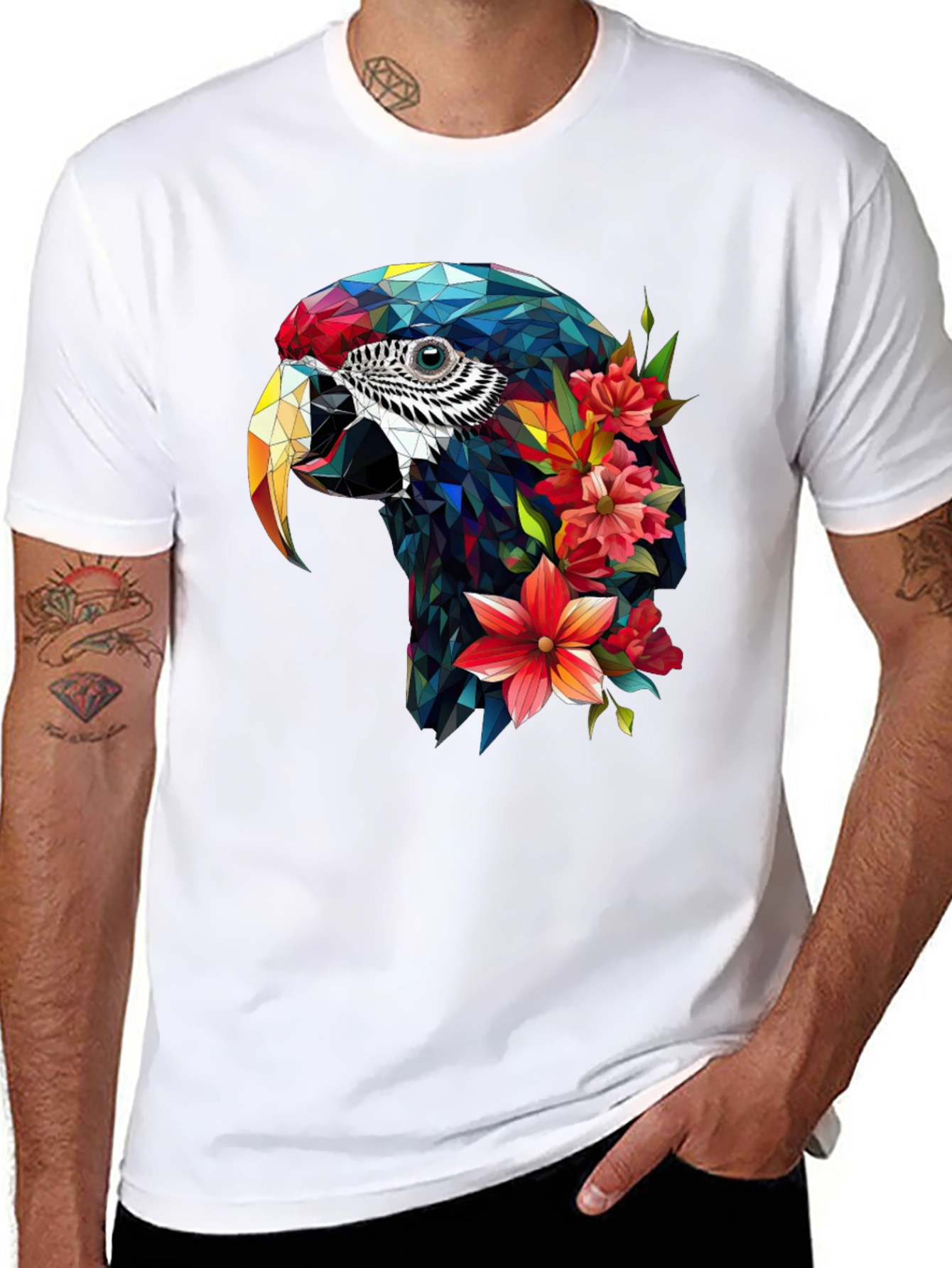 Geometric Parrot Floral T-Shirt - Unique Graphic Tee