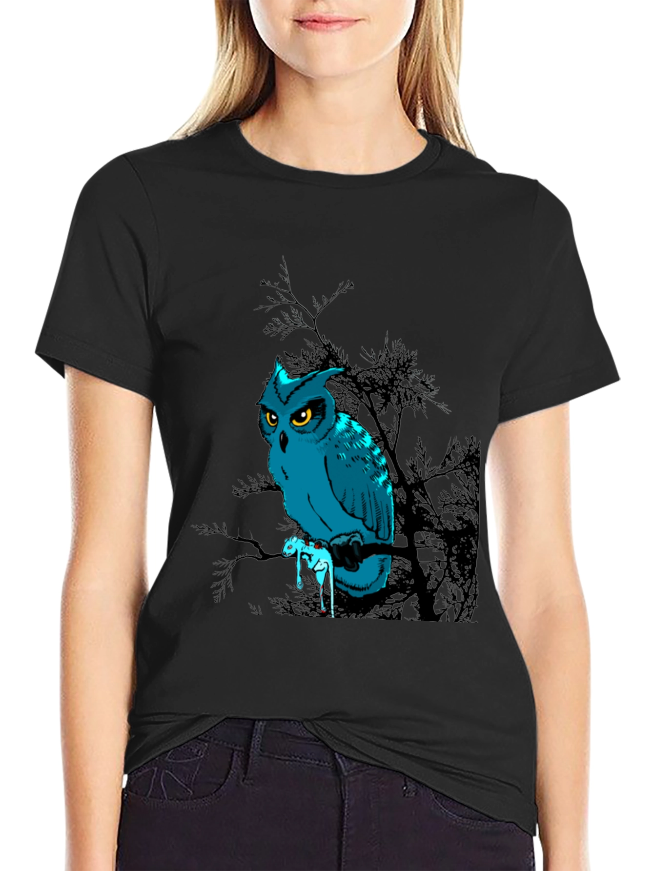 Owl Graphic Print Black T-Shirt