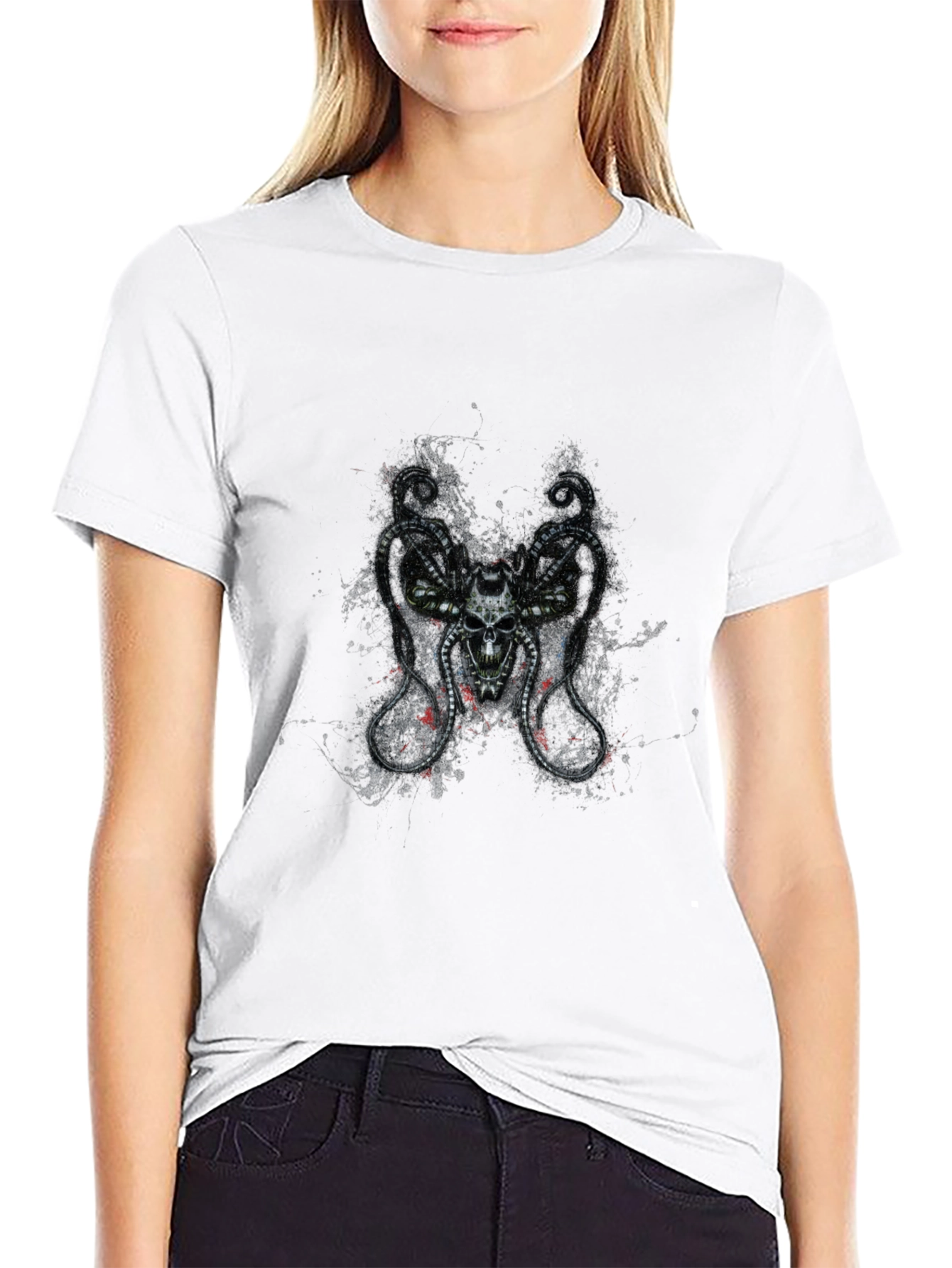 Skull & Octopus Tentacle Graphic Print Black T-Shirt