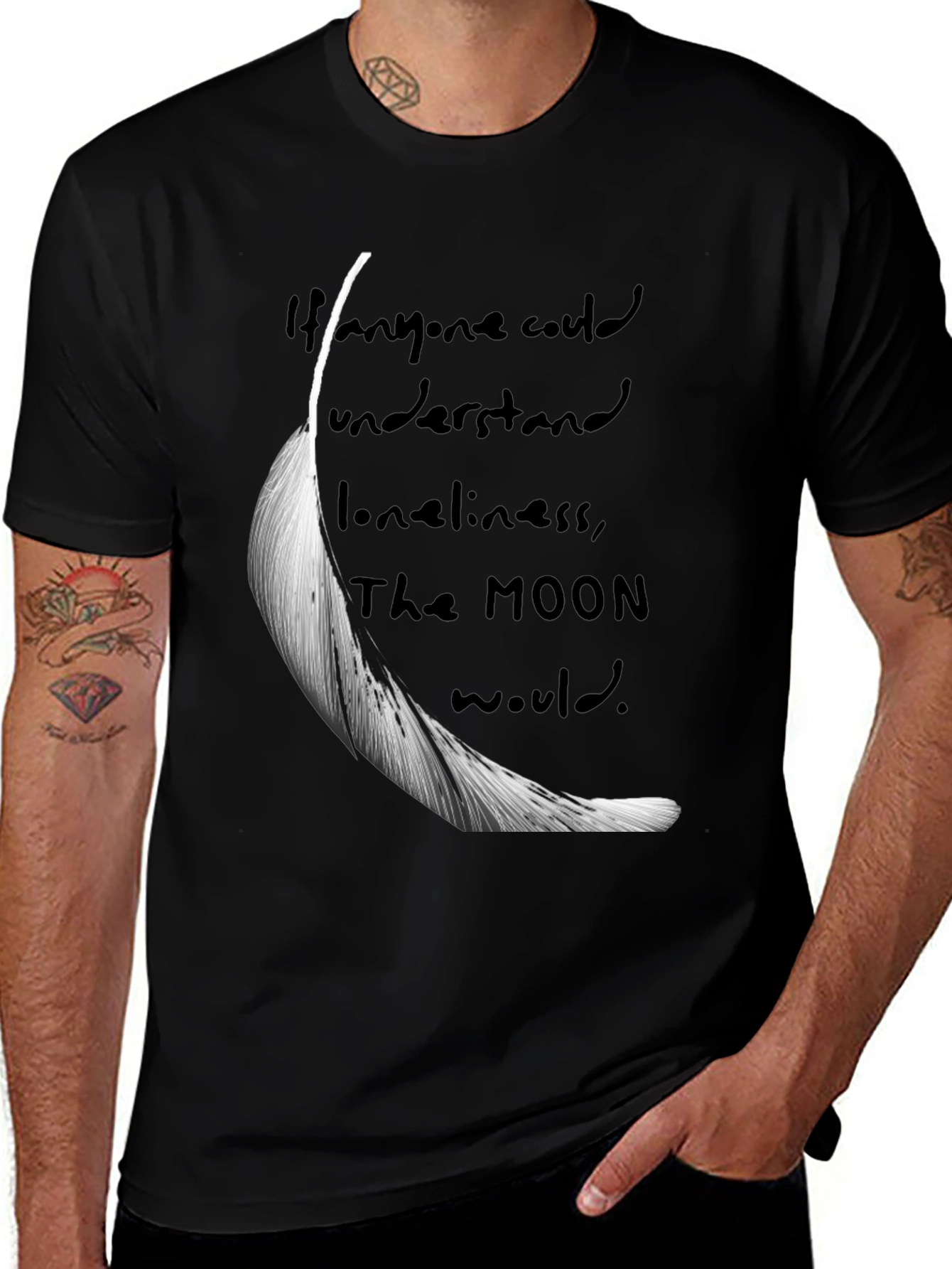 Feather & Moon Loneliness Graphic T-Shirt - Black