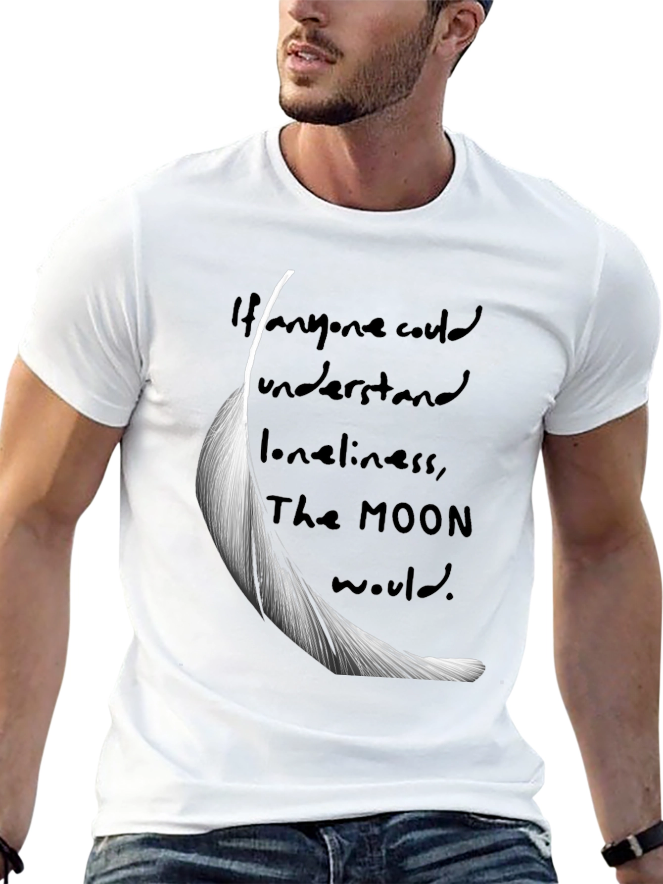 Feather & Moon Loneliness Graphic T-Shirt - Black