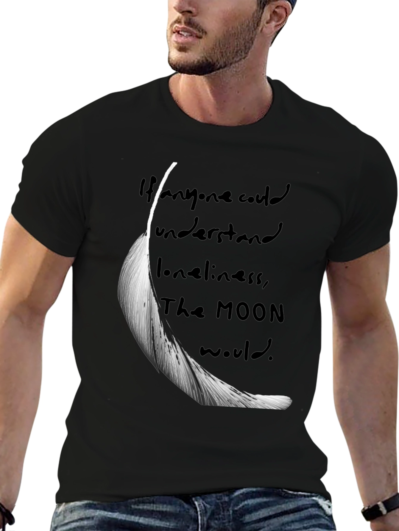 Feather & Moon Loneliness Graphic T-Shirt - Black