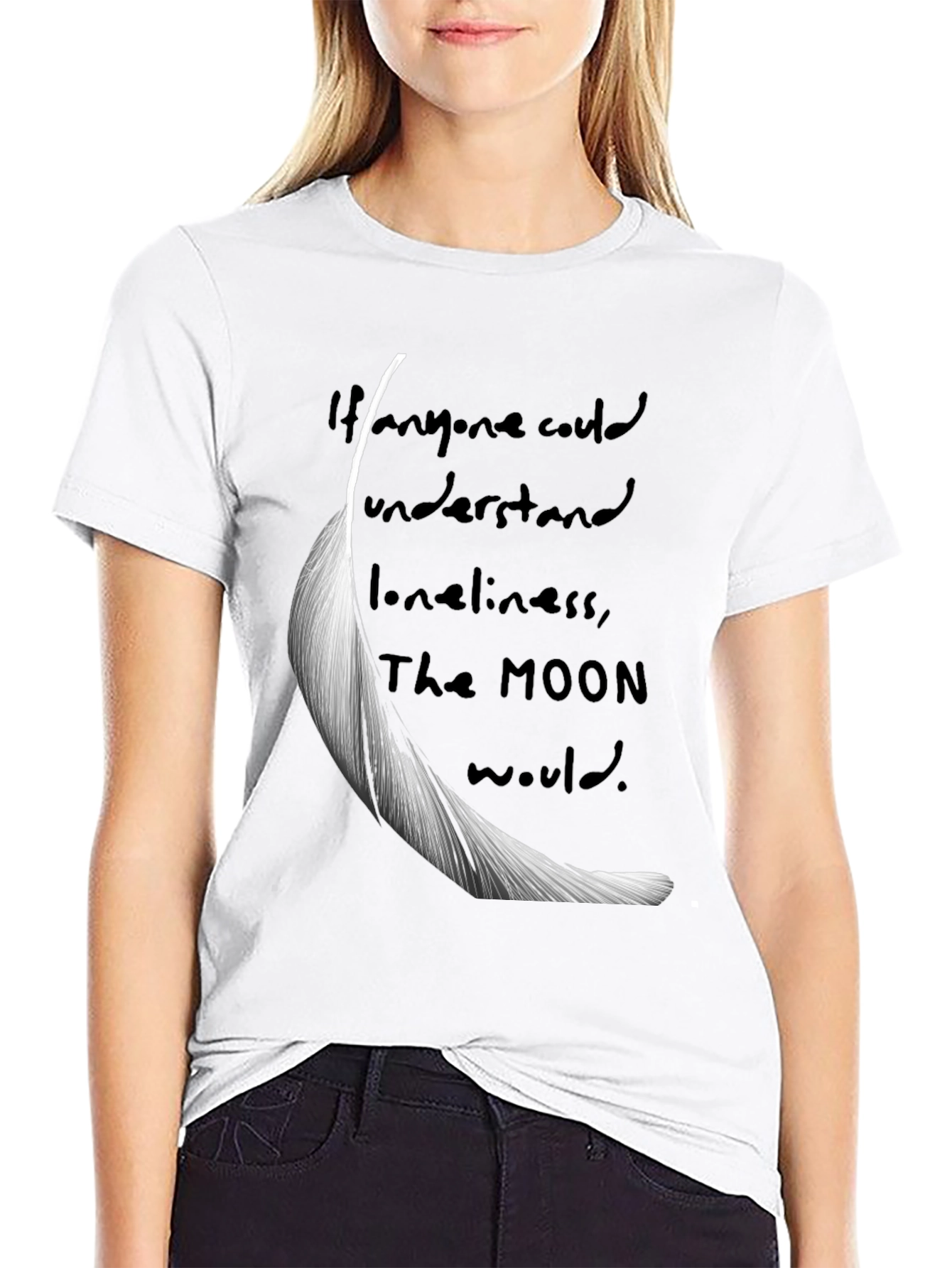 Feather & Moon Loneliness Graphic T-Shirt - Black