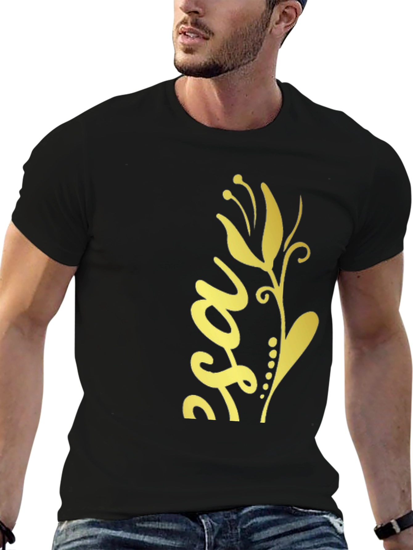 Stylish Black Tee with Gold Floral Design