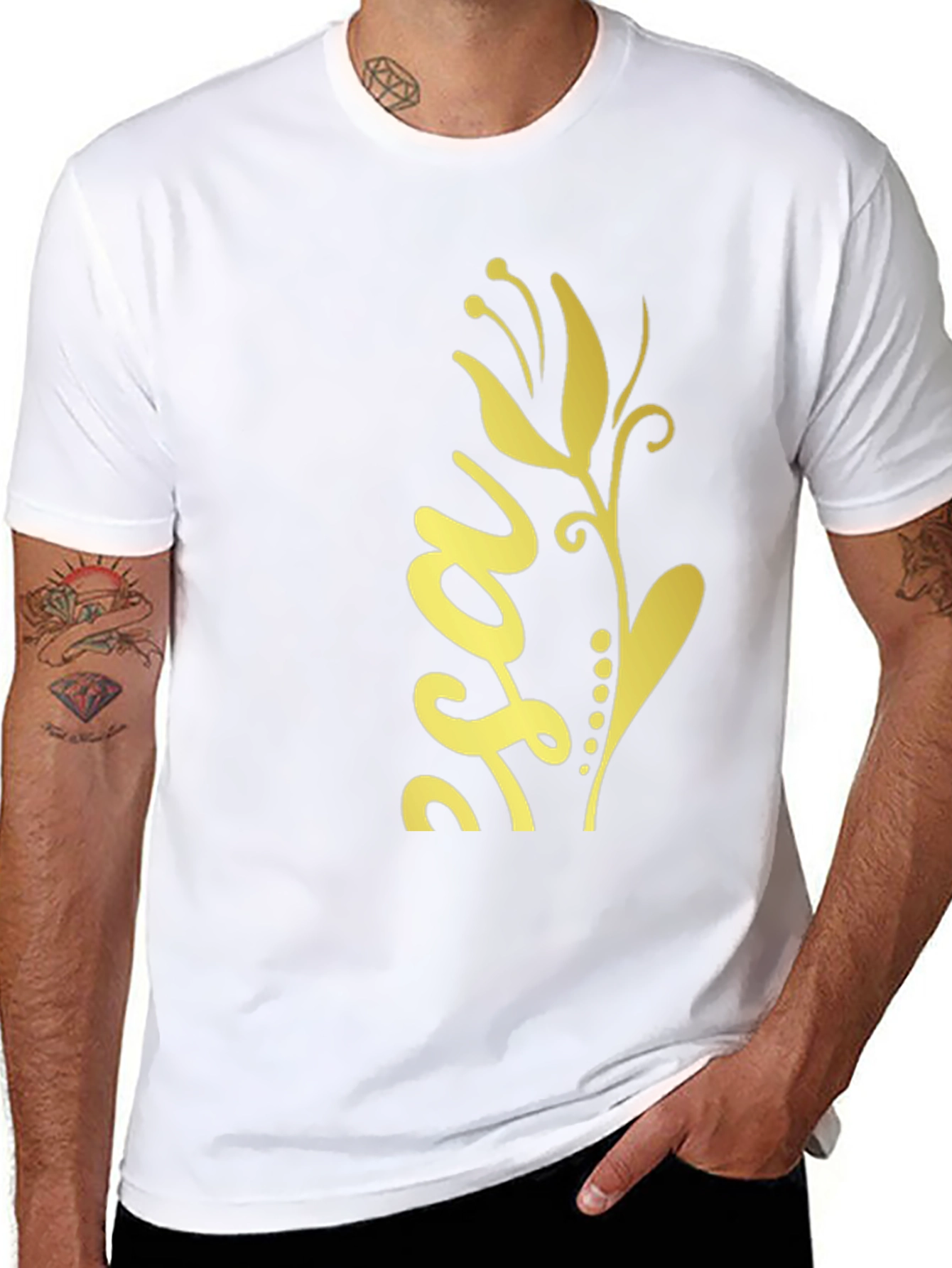 Stylish Black Tee with Gold Floral Design