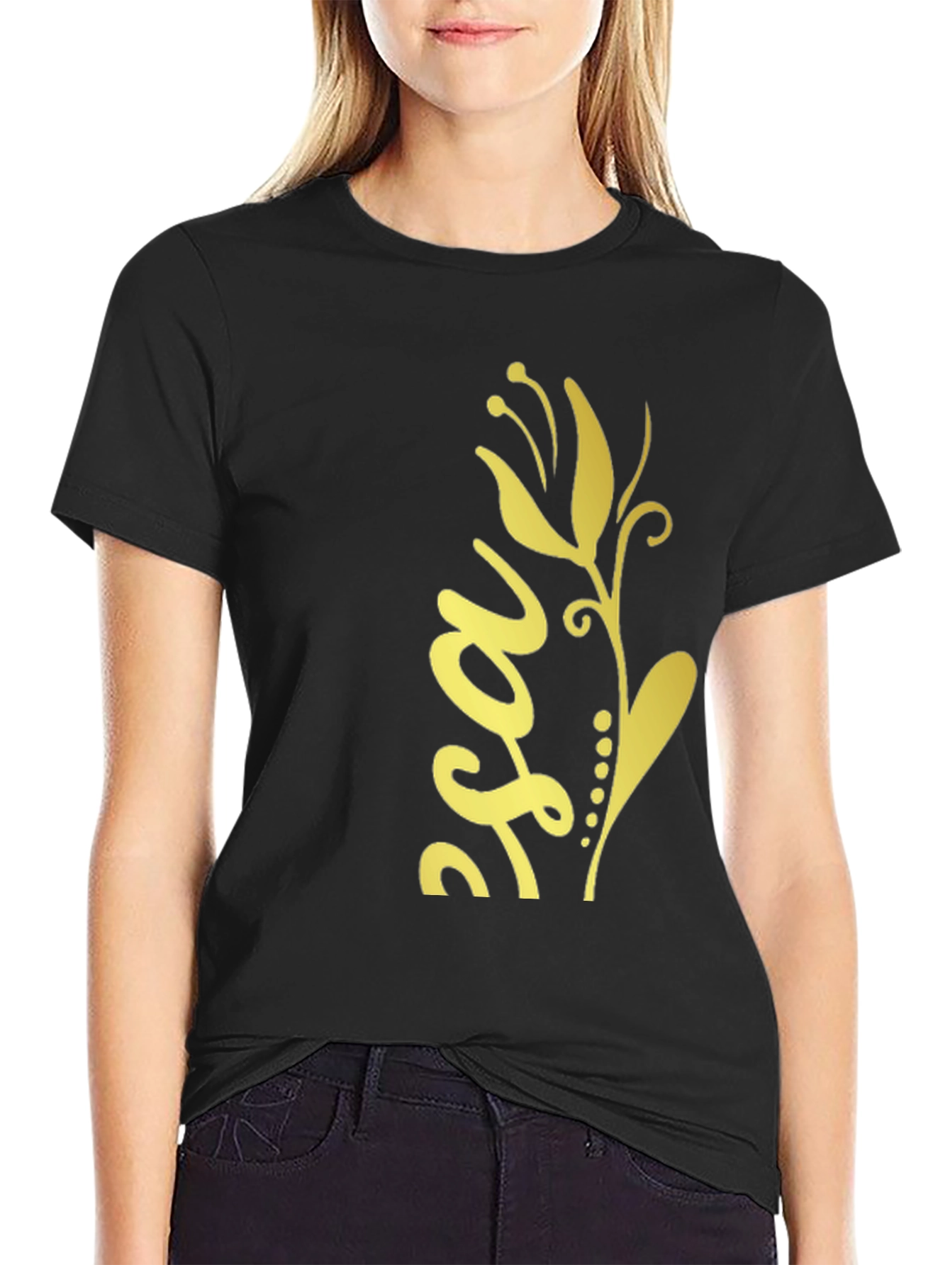 Stylish Black Tee with Gold Floral Design