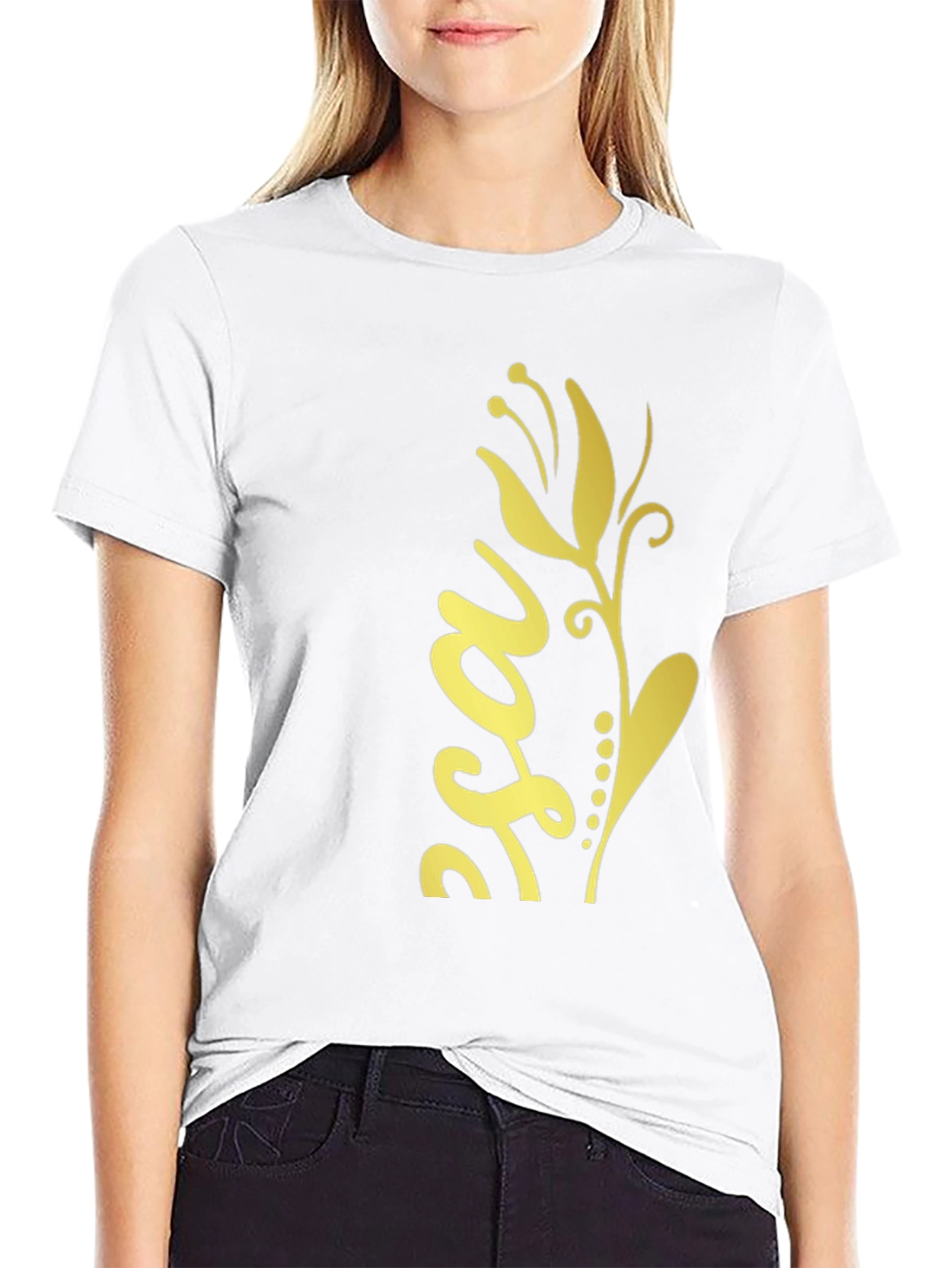 Stylish Black Tee with Gold Floral Design