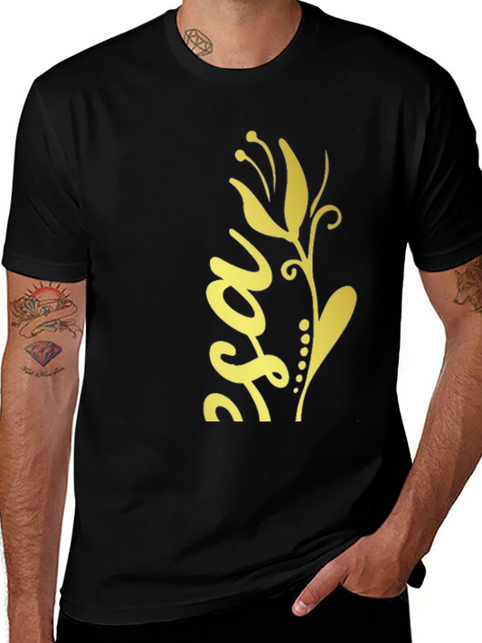 Stylish Black Tee with Gold Floral Design
