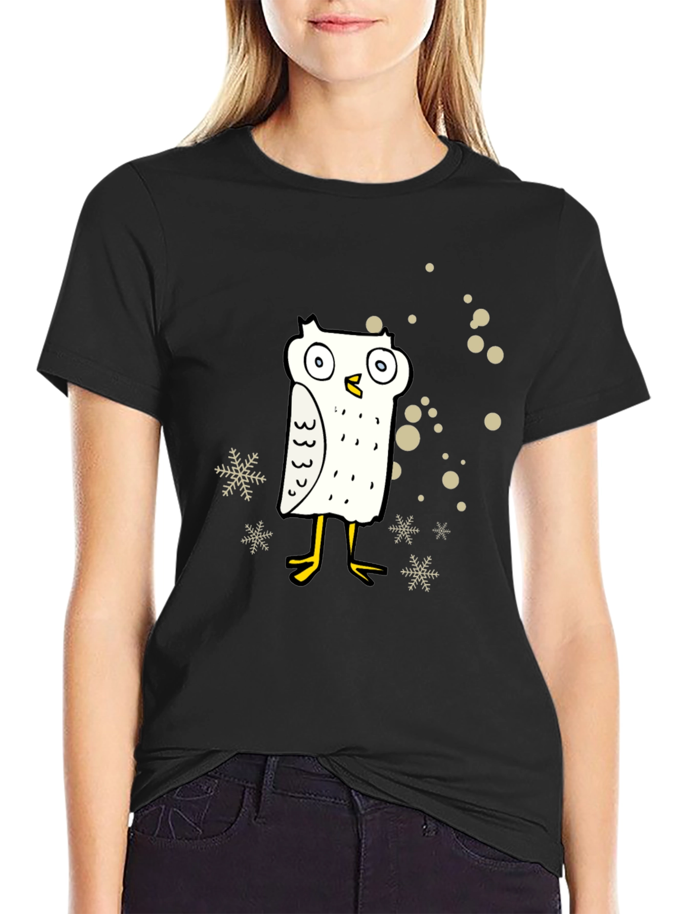 Funny Owl Cartoon Graphic Print Black Tee