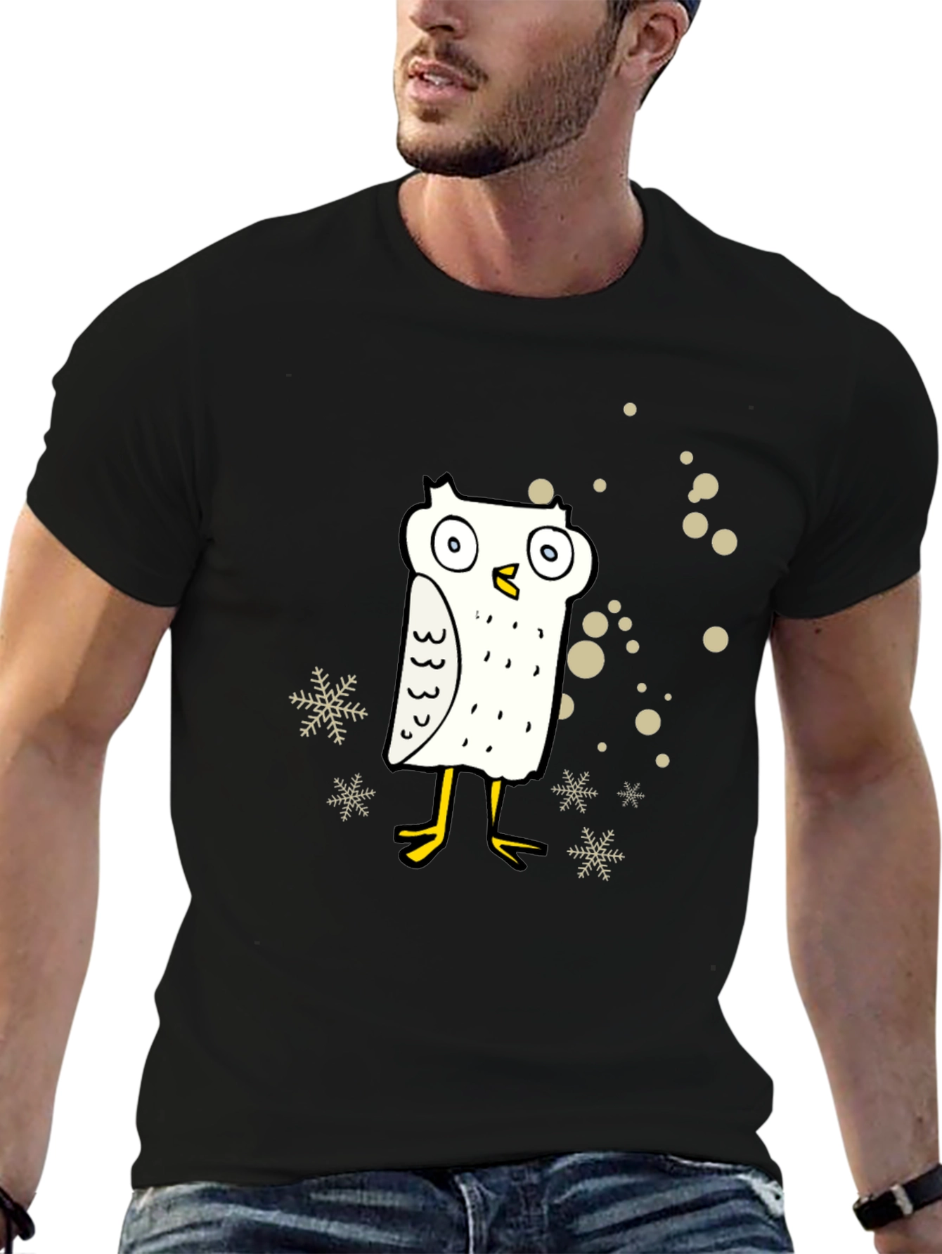 Funny Owl Cartoon Graphic Print Black Tee