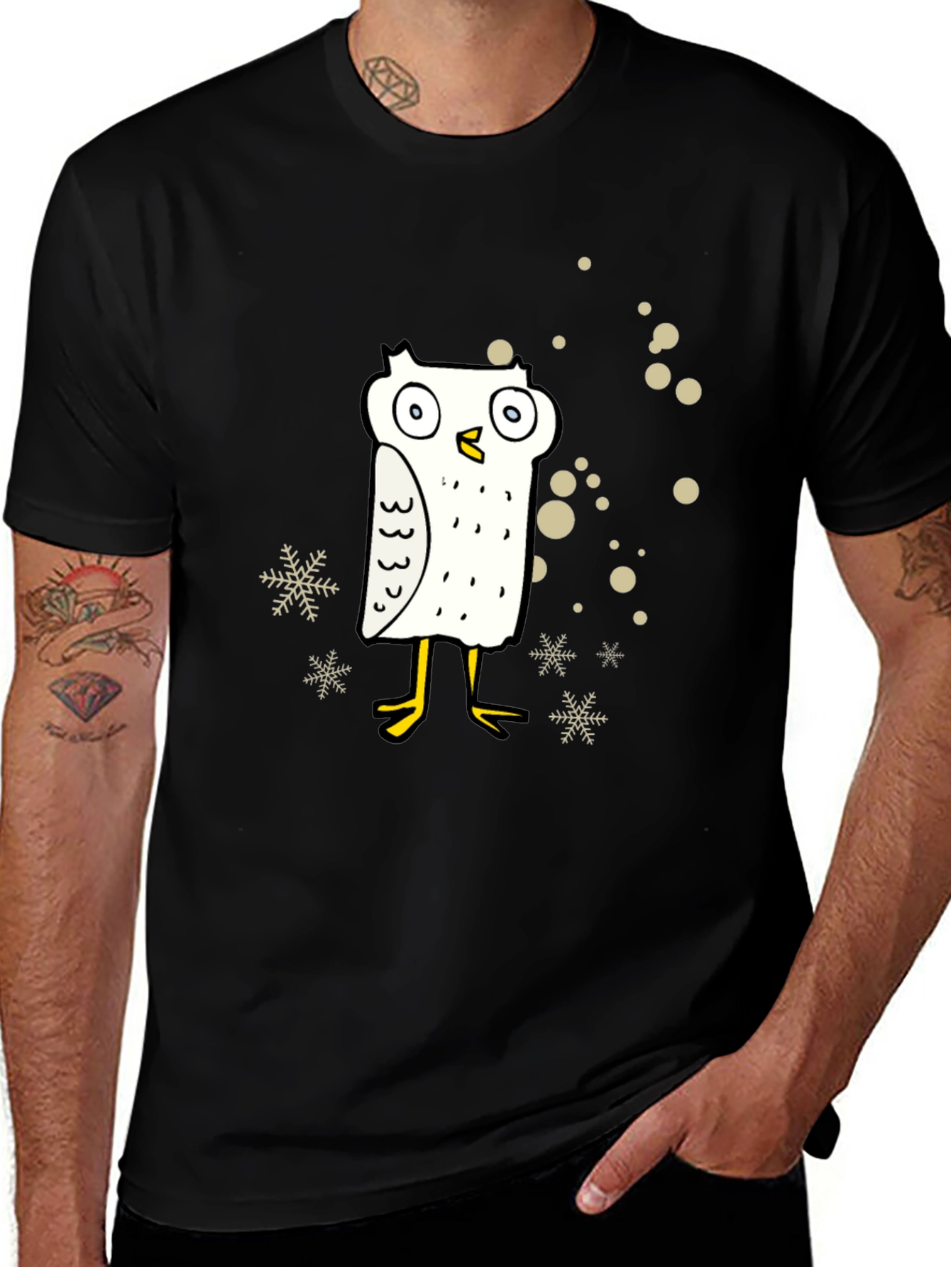 Funny Owl Cartoon Graphic Print Black Tee