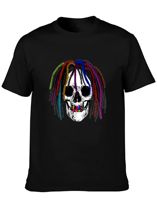 Rainbow Dread Skull Graphic Tee - Black Cotton Shirt