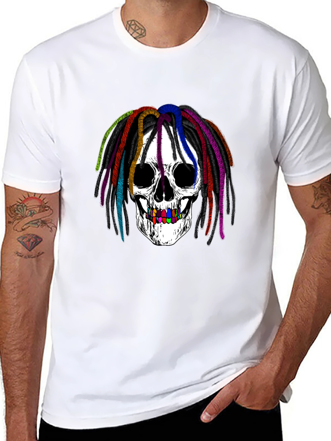 Rainbow Dread Skull Graphic Tee - Black Cotton Shirt