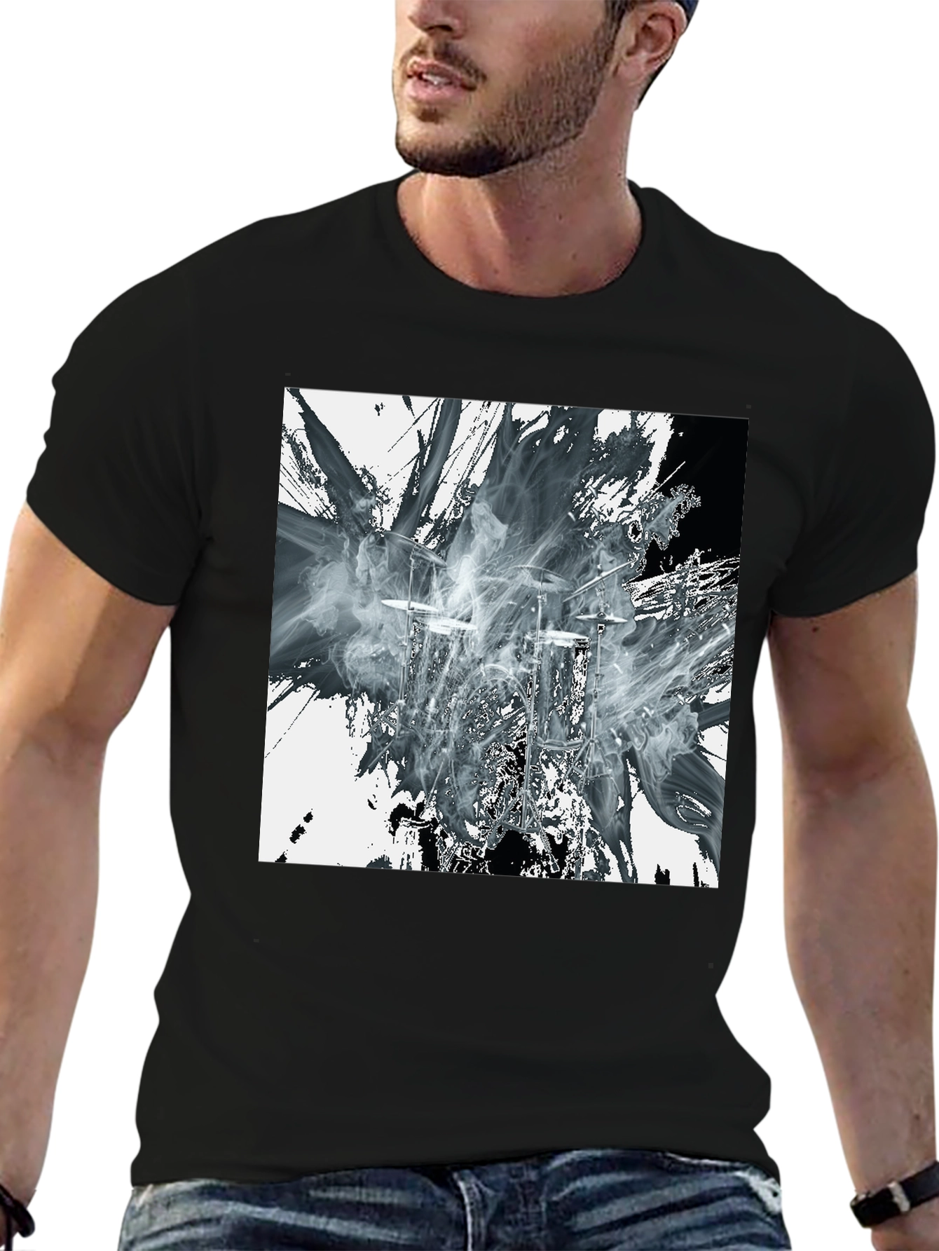 Abstract Drums Graphic Print Black T-Shirt