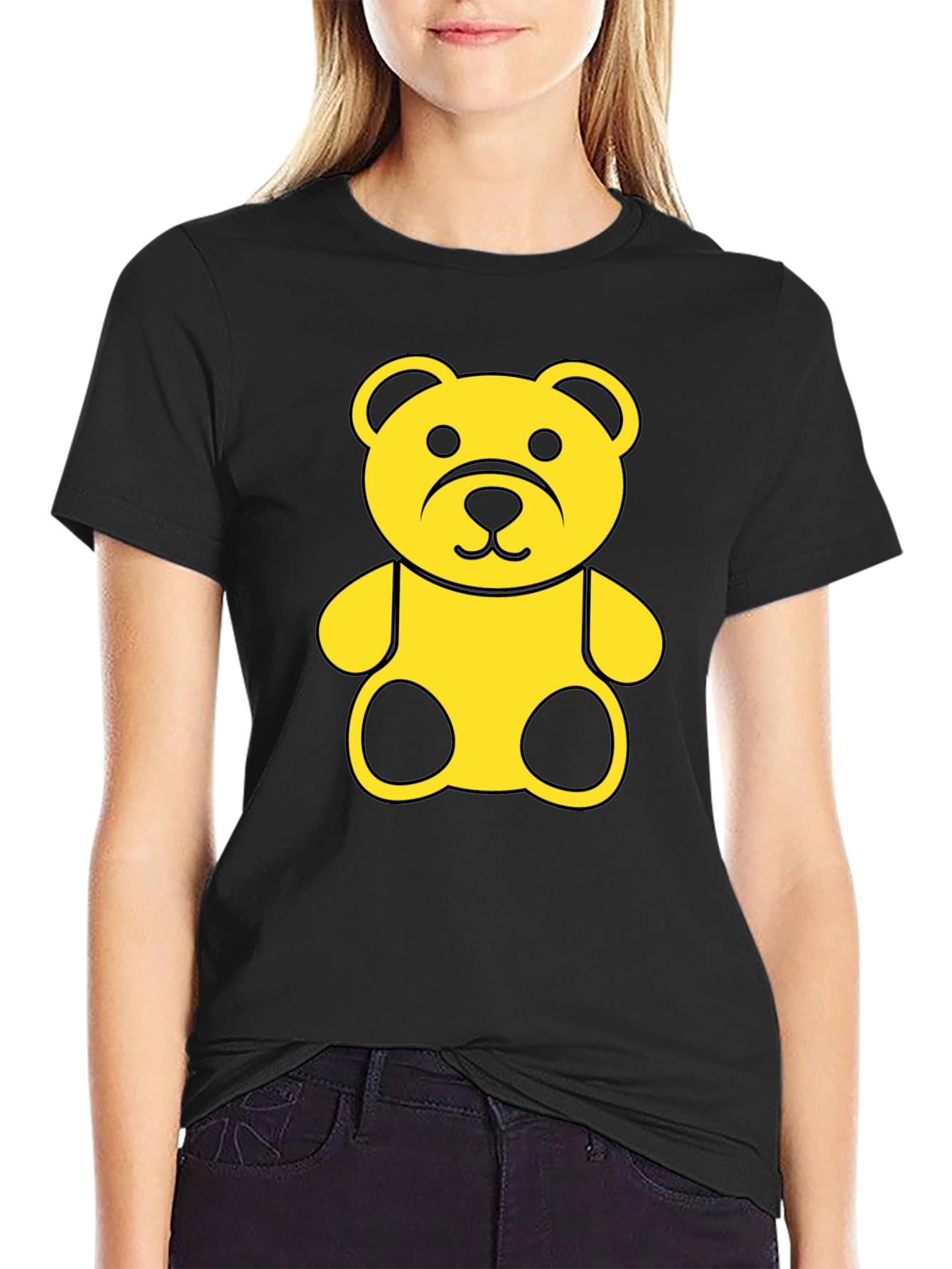 Black Tee with Yellow Teddy Bear Graphic