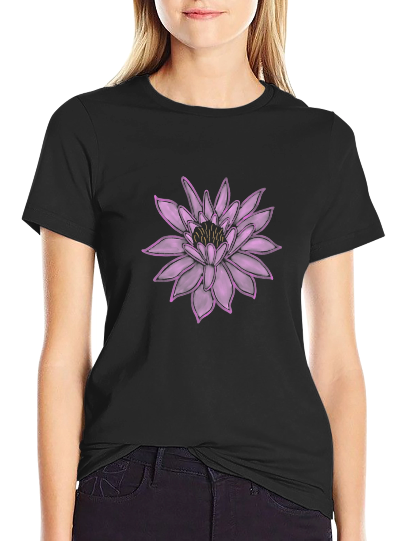Lotus Flower Graphic Black T-Shirt