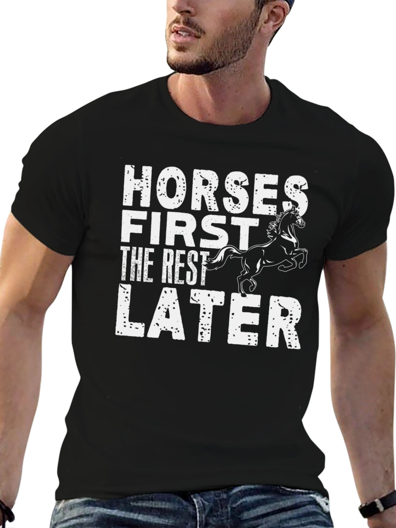 Horses First Mens Black Graphic T-Shirt