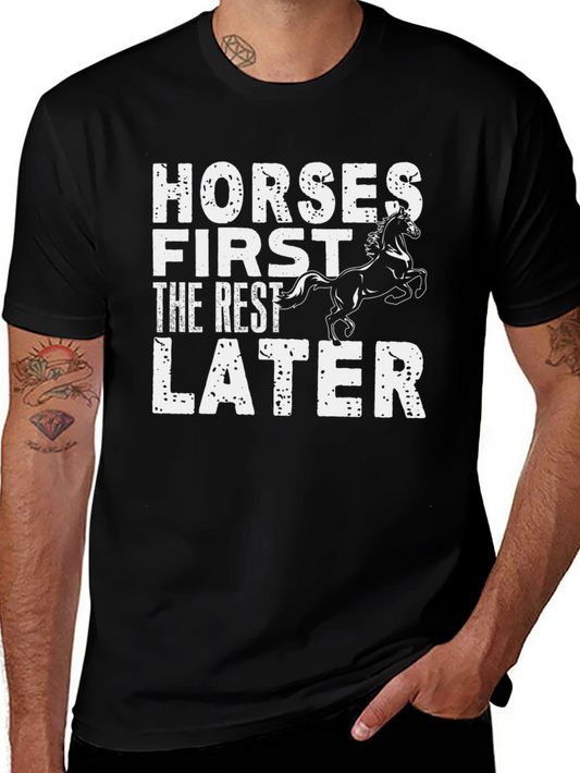 Horses First Mens Black Graphic T-Shirt