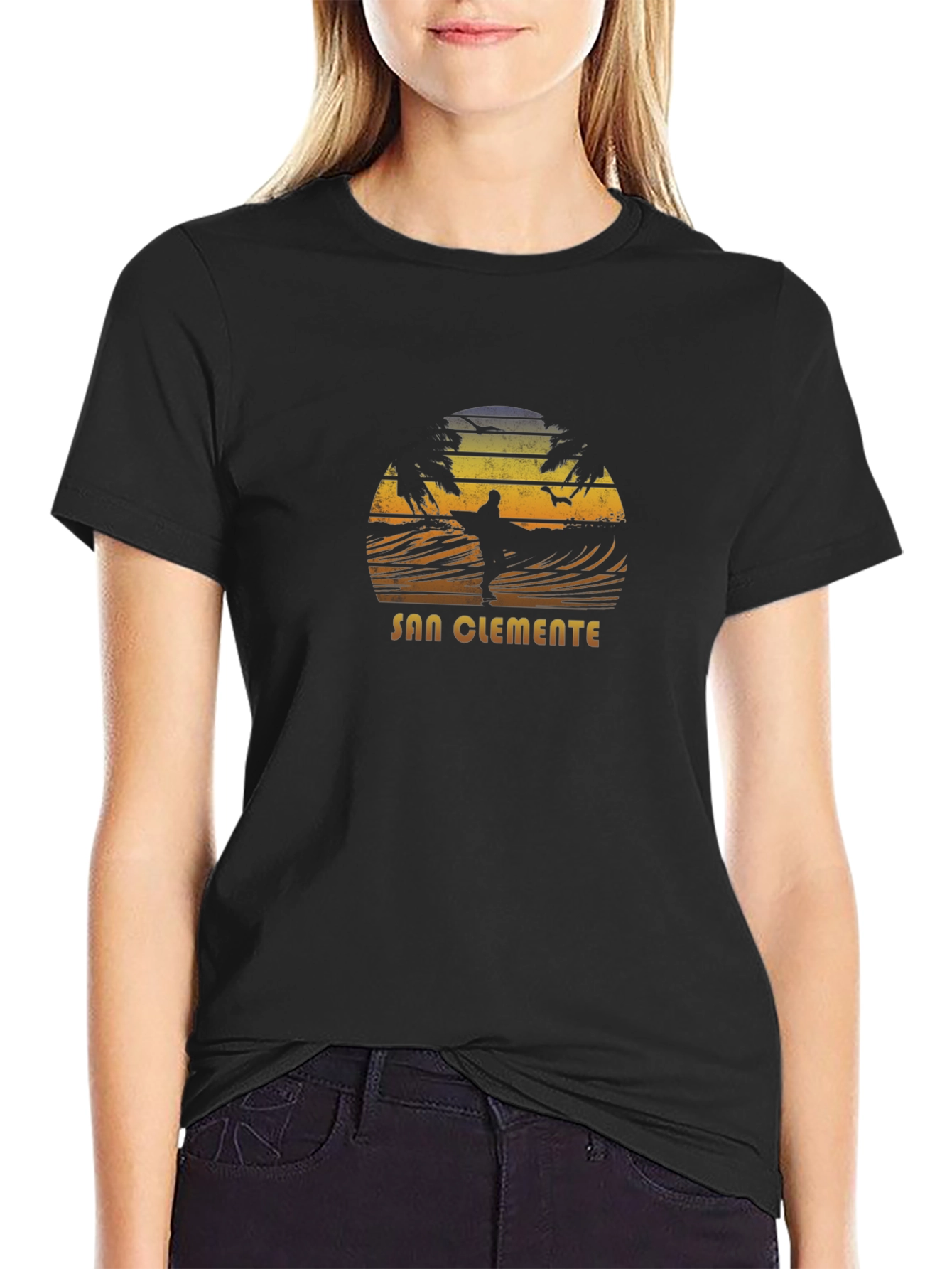 San Clemente Surfer Graphic Tee - Black Cotton Blend