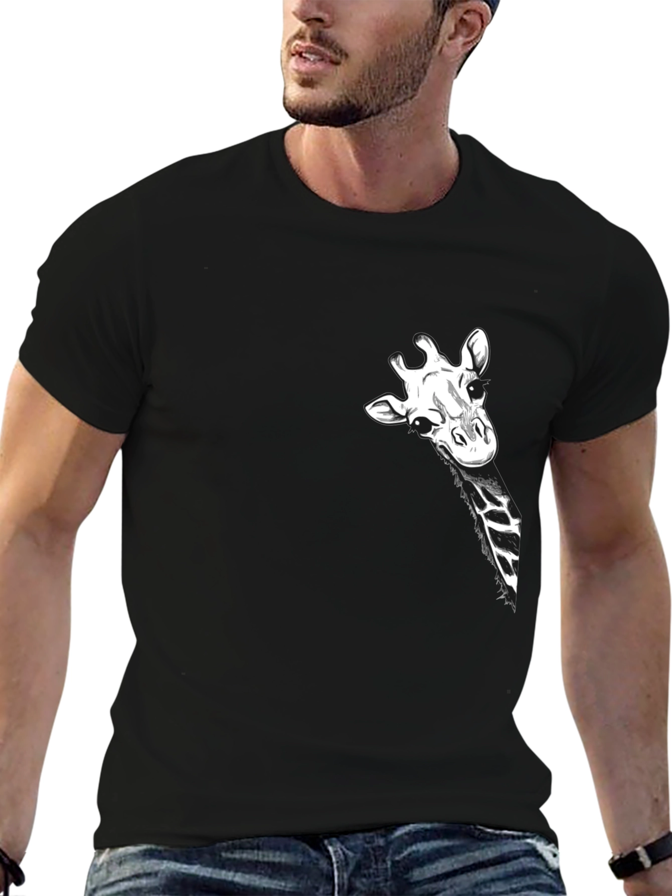Giraffe Peek Pocket Black T-Shirt - Novelty Tee