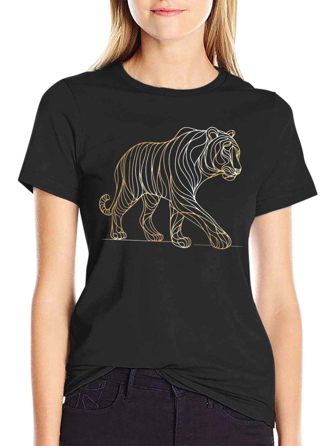 Modern Tiger Line Art Graphic Tee - Black