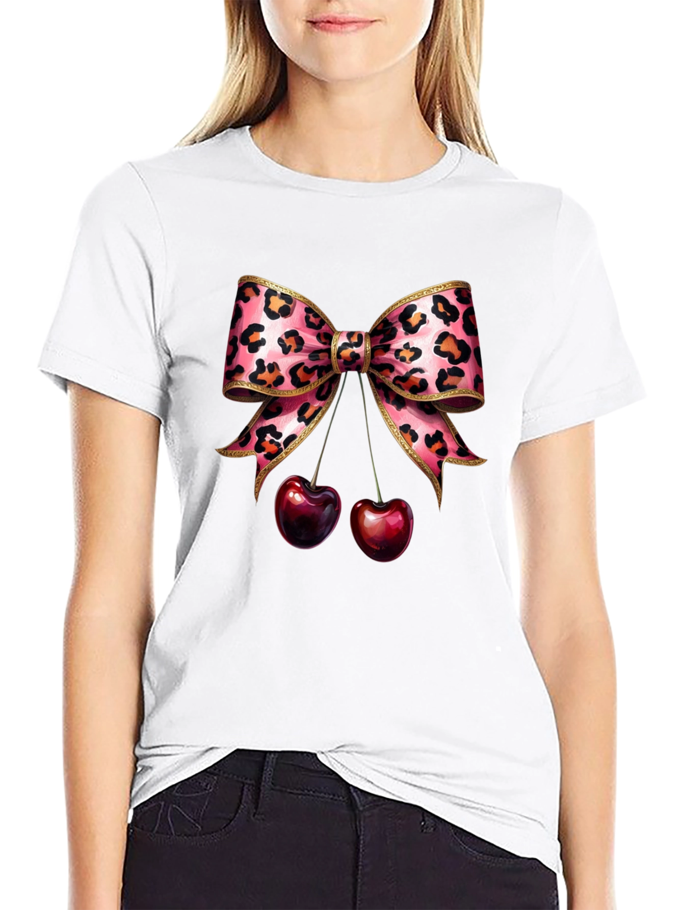 Leopard Bow & Cherry Graphic Tee