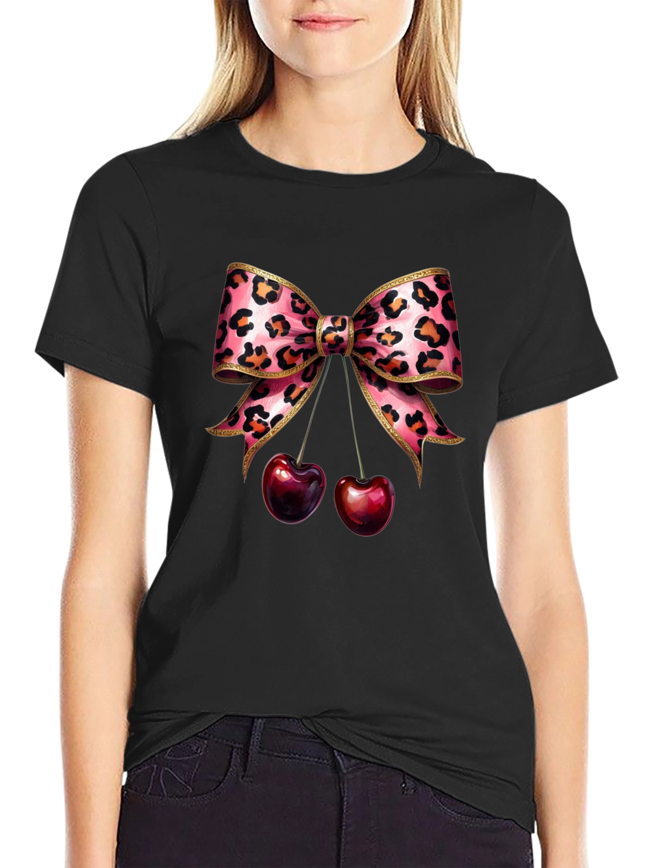 Leopard Bow & Cherry Graphic Tee