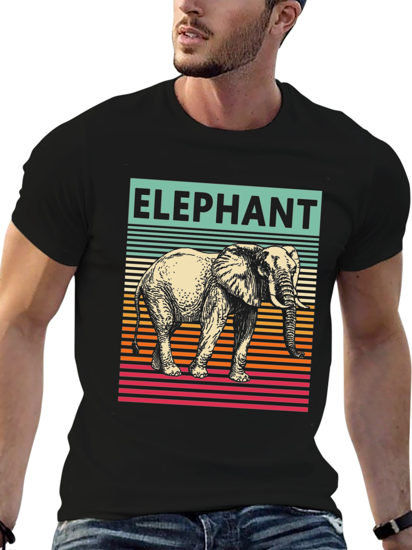 Elephant Graphic T-Shirt - Striped Retro Design