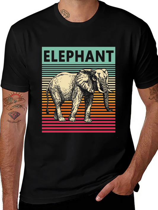 Elephant Graphic T-Shirt - Striped Retro Design