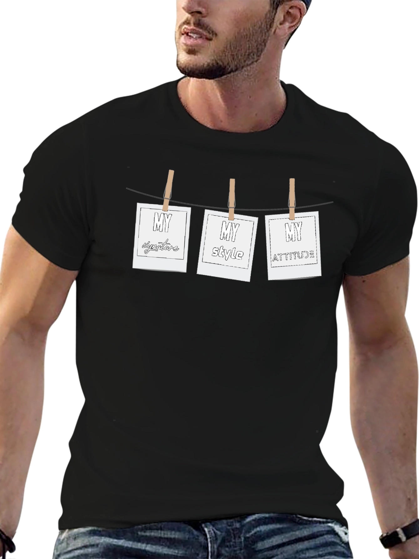 Mens Black T-Shirt with Hanging My Photo Prints