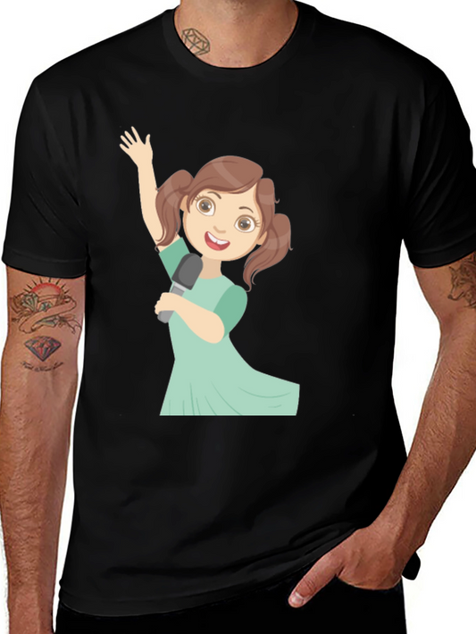 Singing Girl Graphic Tee - Black Cotton Casual Shirt