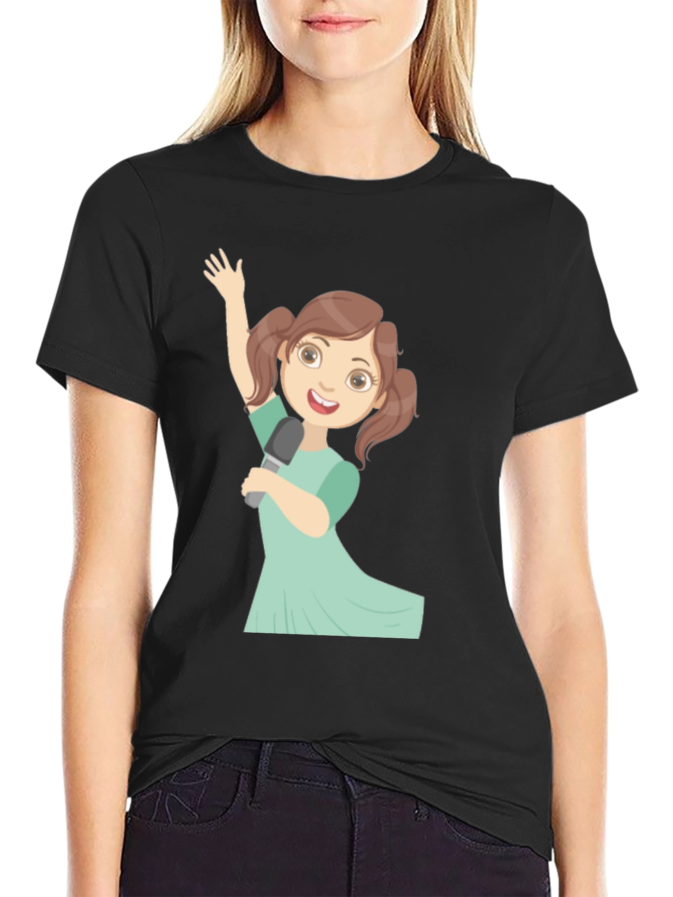 Singing Girl Graphic Tee - Black Cotton Casual Shirt