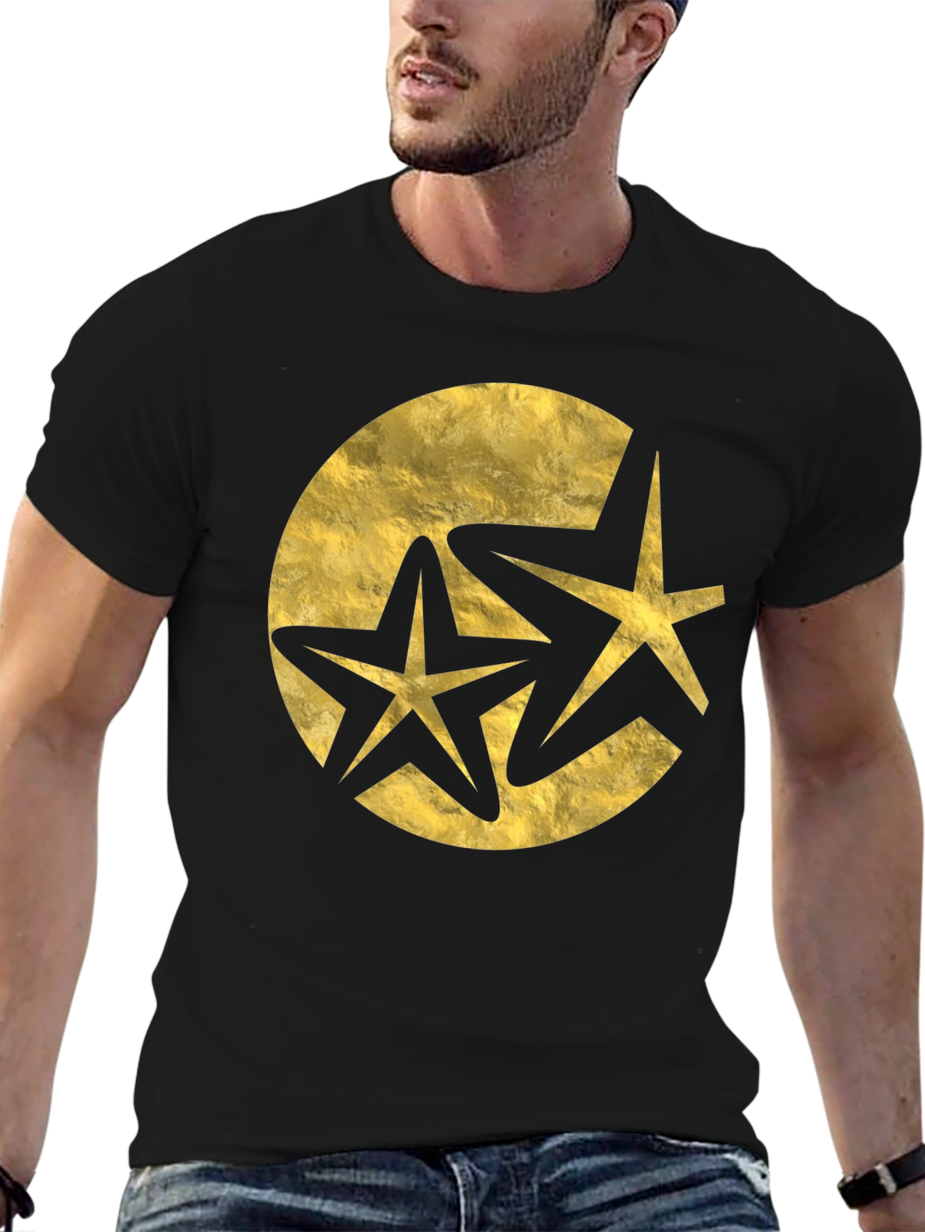 Stylish Black T-Shirt with Golden Star Design