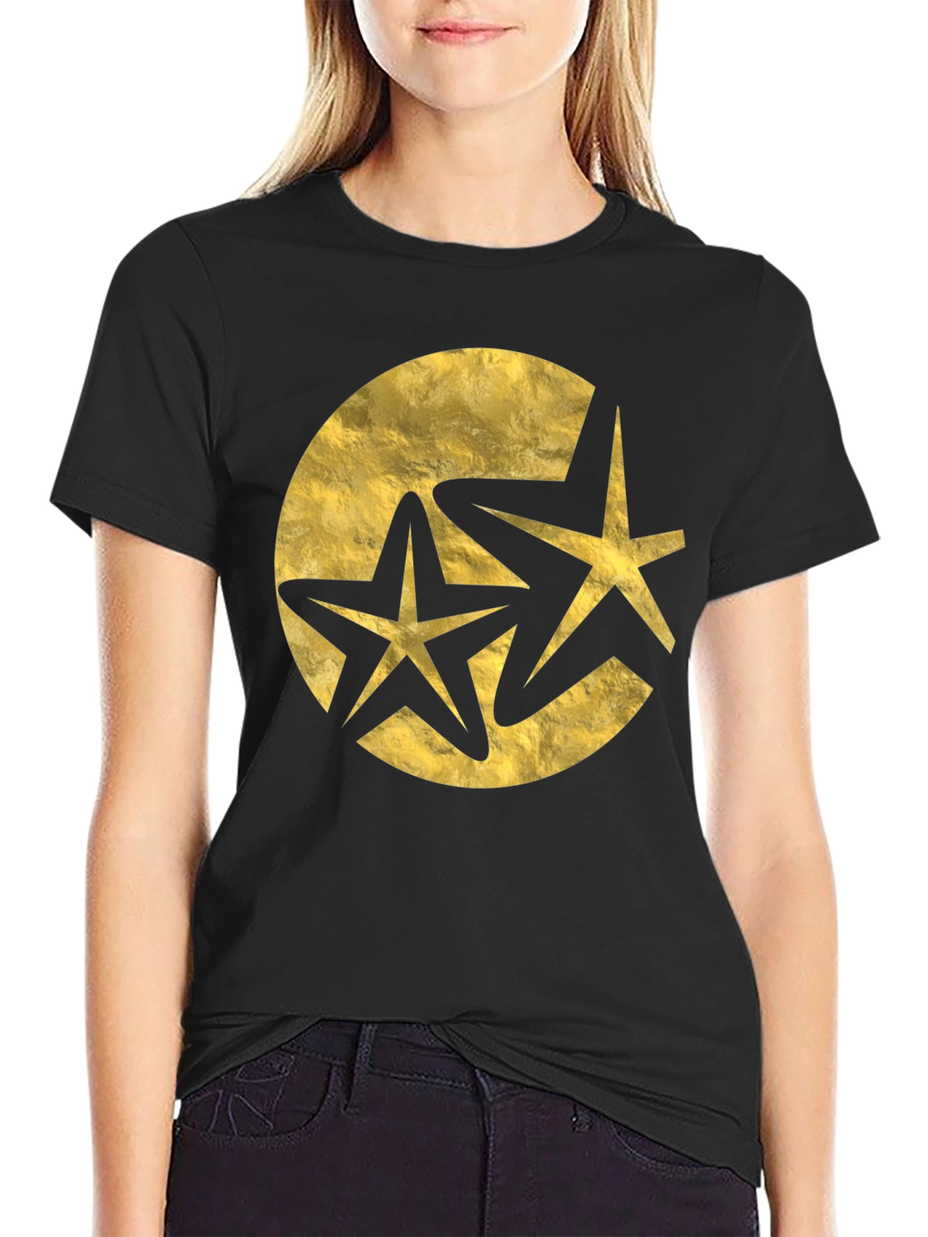 Stylish Black T-Shirt with Golden Star Design