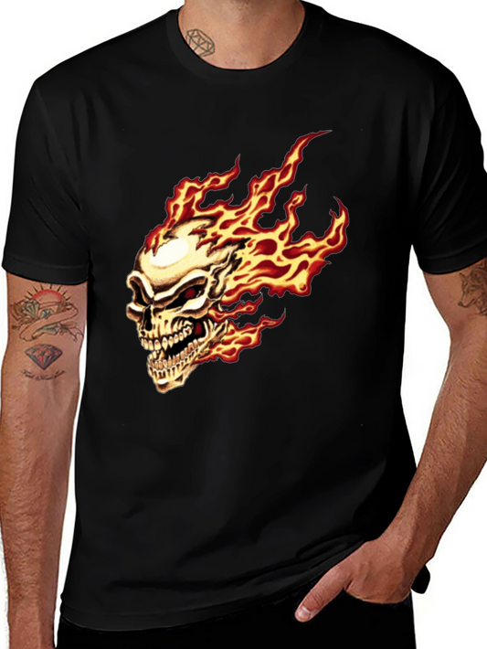 Flaming Skull Graphic Tee - Black Cotton T-Shirt