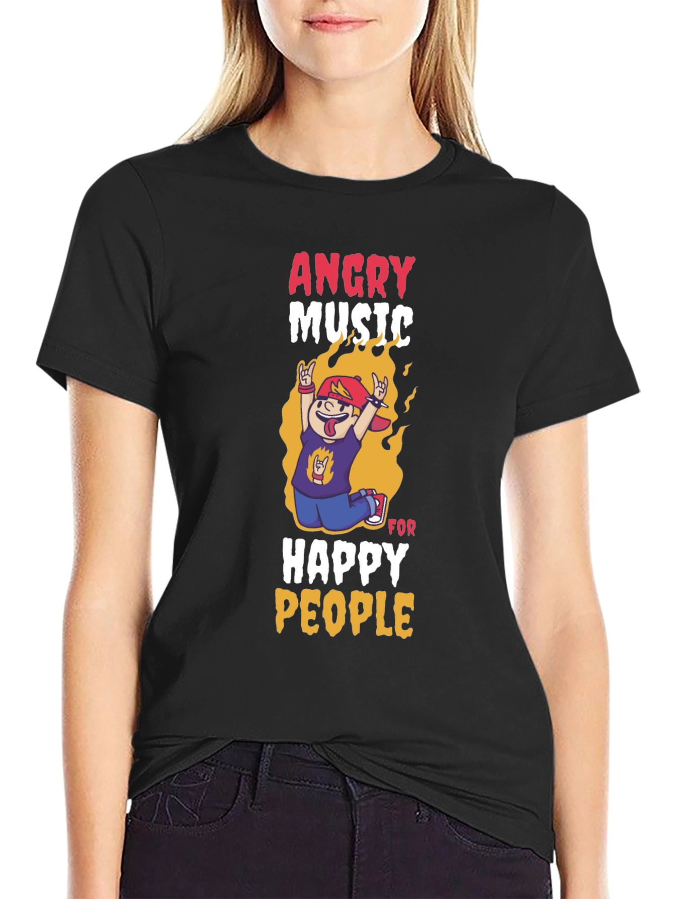 Angry Music Happy People Black Graphic T-Shirt