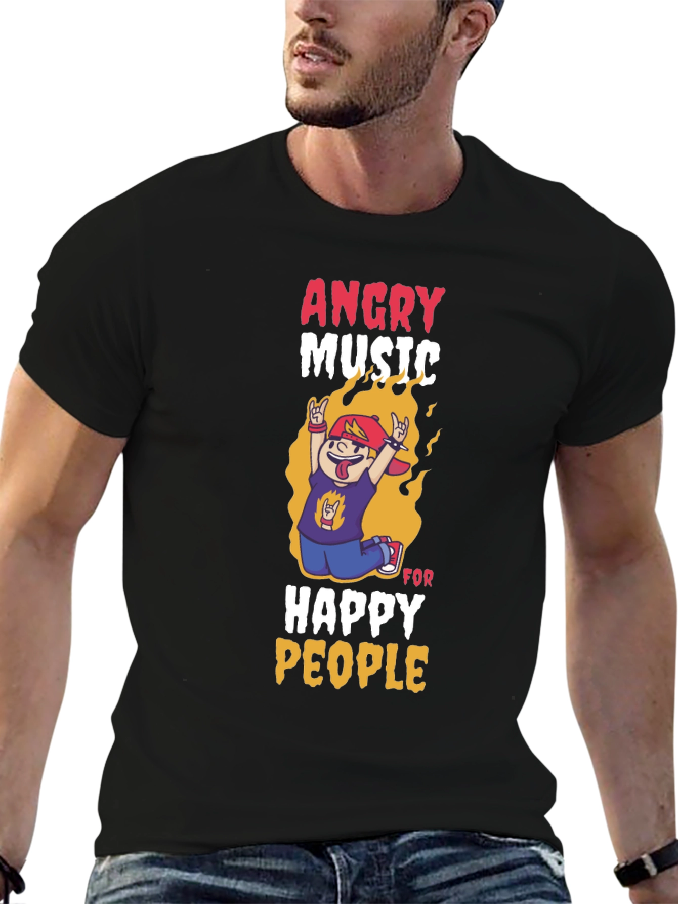 Angry Music Happy People Black Graphic T-Shirt